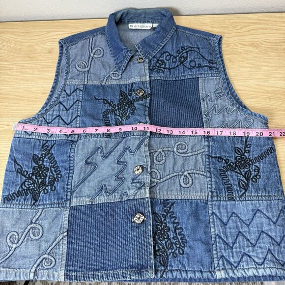 Dressbarn Denim Quilted Patchwork Vest Womens XL Embroidered Grandmacore Cottage - Picture 8 of 10
